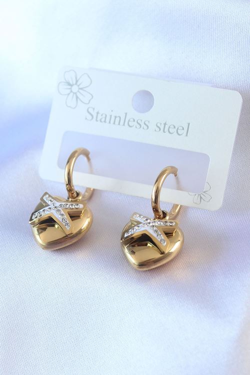 YRTCL 316L Çelik Gold Renk Zirkon Taş Detay Kalp Model Kadın Küpe