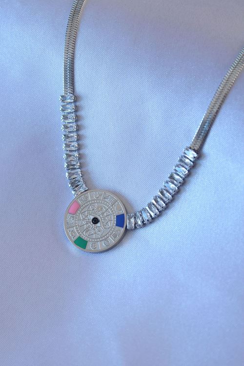 YRTCL 316L Çelik Gümüş Renk Zirkon Taşlı İtalyan Zincir Burç İşeleme Madalyon Model Kadın Kolye