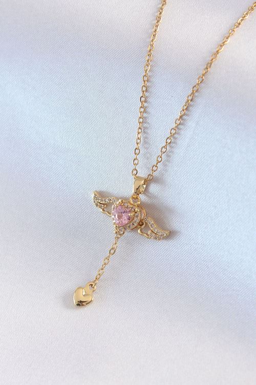 YRTCL 316L Çelik Gold Renk Kanatlı Kalp Model Zirkon Taş Detay Kadın Kolye