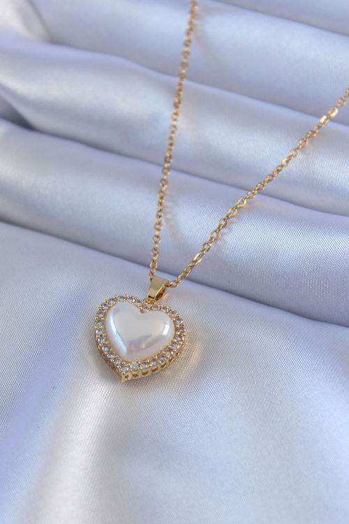 YRTCL 316L Çelik Gold Renk İncili Kalp Model Zirkon Taşlı Kadın Kolye