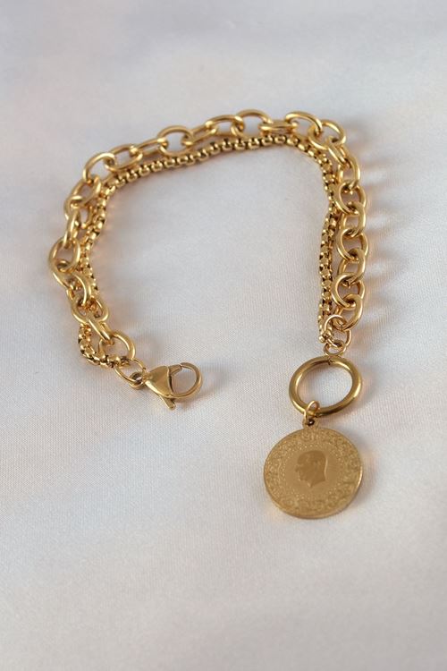 YRTCL 316L Çelik Gold Renk 2'li Zincir Model Çeyrek Altınlı Kadın Bileklik