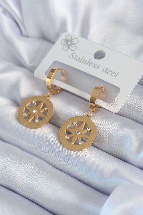 YRTCL 316L Çelik Gold Renk Kutup Yıldızı Model İşleme Detay Zirkon Taşlı Kadın Küpe