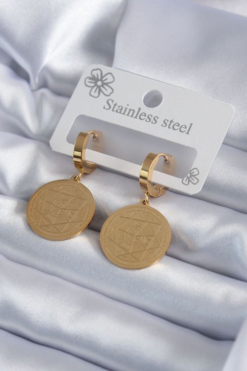 YRTCL 316L Çelik Gold Renk Pentagram İşleme Model Kadın Küpe