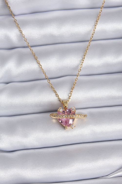 YRTCL 316L Çelik Gold Renk Zincir Pembe Kristal Kalp Model Zirkon Taş Detay Kadın Kolye