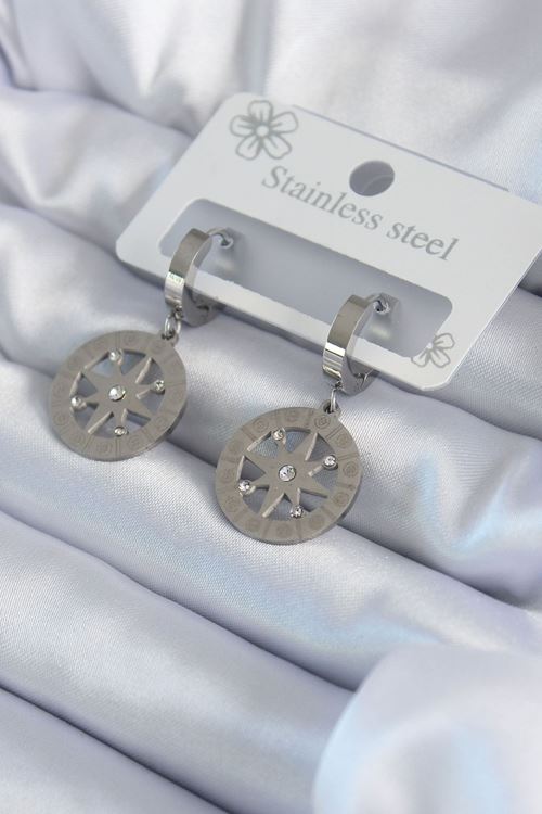 YRTCL 316L Çelik Gümüş Renk Kutup Yıldızı Model Zirkon Taş İşleme Detay Kadın Küpe