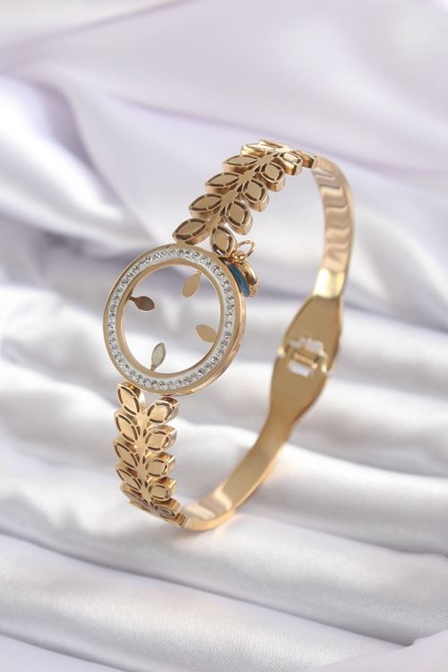 YRTCL 316L Çelik Gold Renk Çeyrek Takılabilen Zirkon Taş Detay Kadın Kelepçe