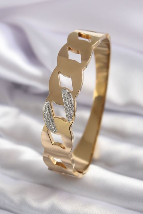 YRTCL 316L Çelik Gold Renk Zincir Model Zirkon Taş Detay Kadın Kelepçe
