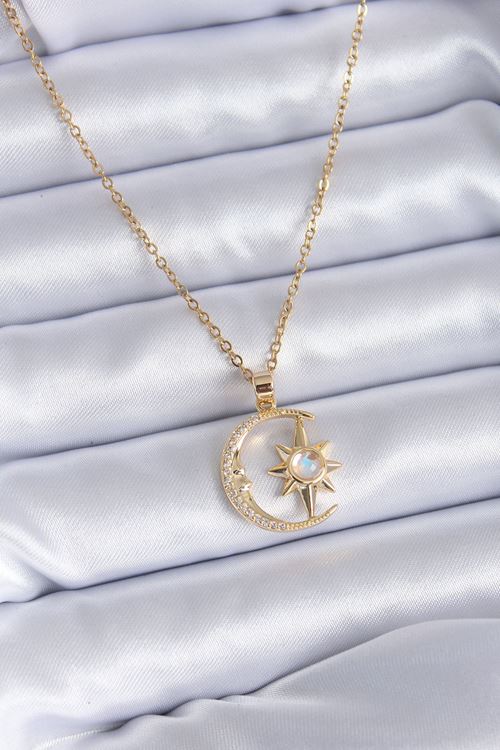 YRTCL 316L Çelik Gold Renk Zirkon Taşlı Ay Yıldız Model Kadın Kolye