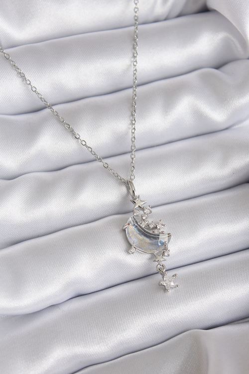 YRTCL 316L Çelik Zincir Gümüş Renk Zirkon Taşlı Ay Model Sallantı Yıldız Detay Kadın Kolye