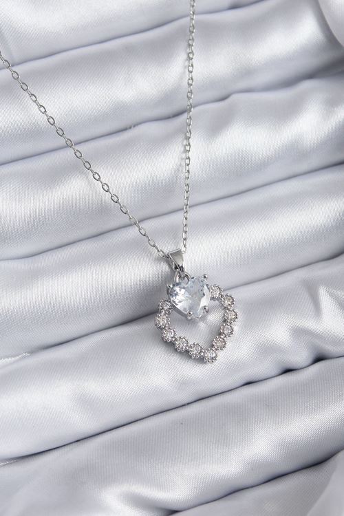 YRTCL 316L Çelik Zincir Gümüş Renk Zirkon Taşlı Kalp Model Kadın Kolye