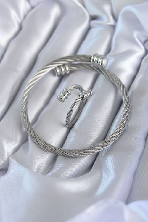 YRTCL 316L Çelik Gümüş Renk Sarmal Model Erkek Bileklik Yüzük Kombini