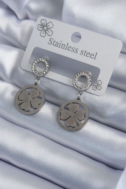 YRTCL 316L Çelik Gümüş Renk Zirkon Taşlı Yonca Model İşleme Detay Kadın Küpe