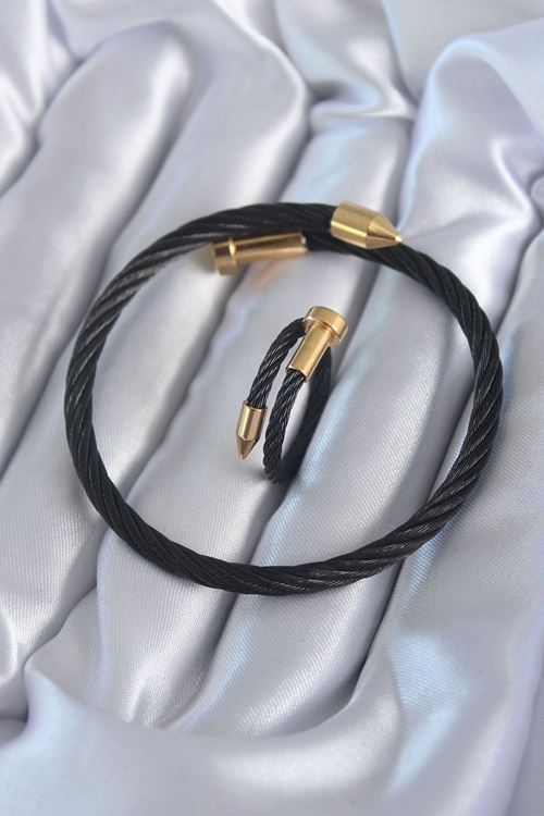 YRTCL 316L Çelik Siyah Renk Gold Detay Sarmal Model Erkek Bileklik Yüzük Kombini