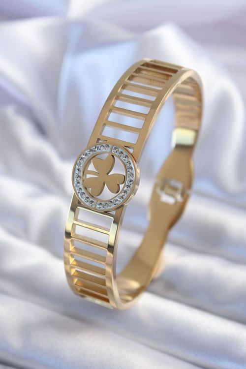 YRTCL 316L Çelik Gold Renk Zirkon Taşlı Yonca Model Kadın Kelepçe