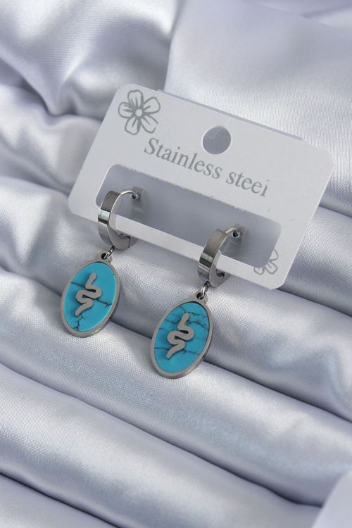 YRTCL 316L Çelik Gümüş Renk Oval Mavi Taşlı Yılan Figür Kadın Küpe