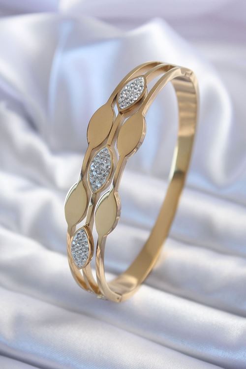 YRTCL 316L Çelik Gold Renk Arpa Model Zirkon Taş Detay Kadın Kelepçe Bileklik