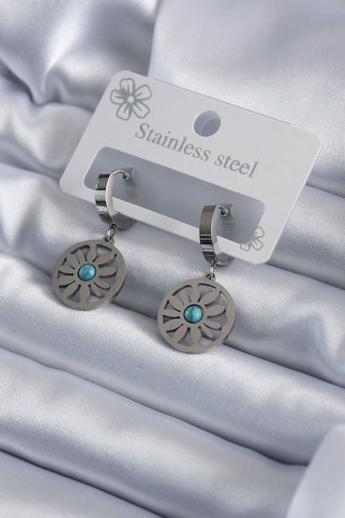 YRTCL 316L Çelik Gümüş Renk Papatya Model Mavi Taş Detay Kadın Küpe