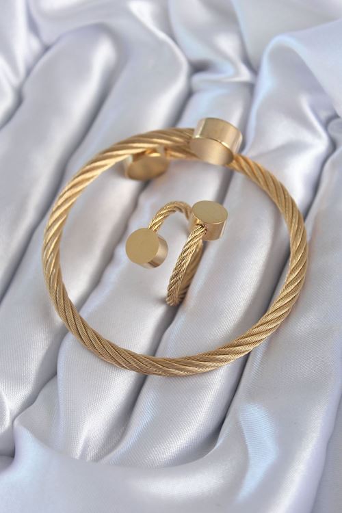 YRTCL 316L Çelik Gold Renk Sarmal Model Erkek Bileklik Yüzük Kombini
