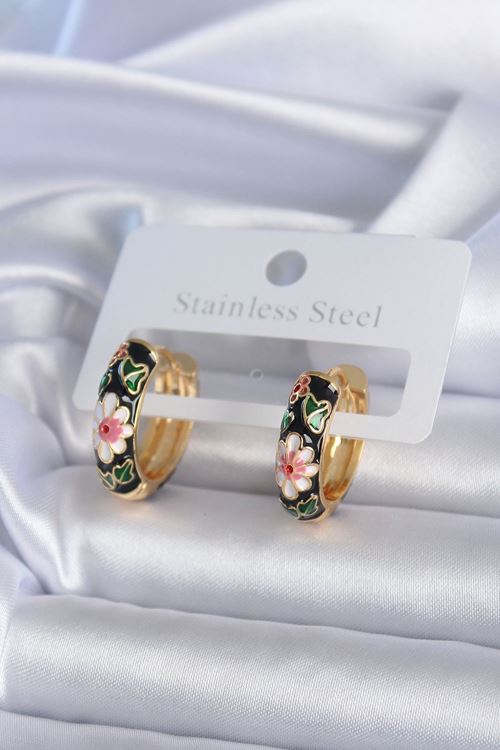 YRTCL Pirinç Gold Renk Siyah Çiçek İşleme Kadın Küpe