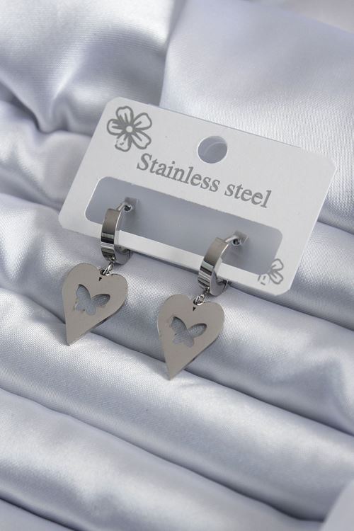 YRTCL 316L Çelik Gümüş Renk Kalp Model Kelebek İşleme Kadın Küpe