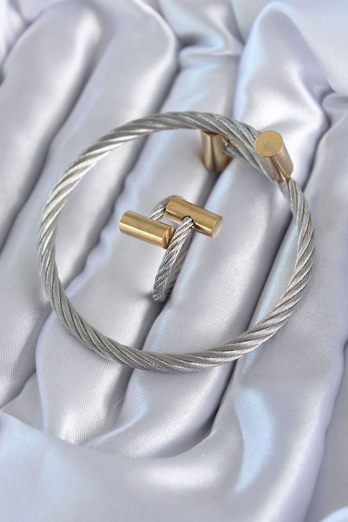 YRTCL 316L Çelik Gümüş Renk Gold Detay Sarmal Model Erkek Bileklik Yüzük Kombini