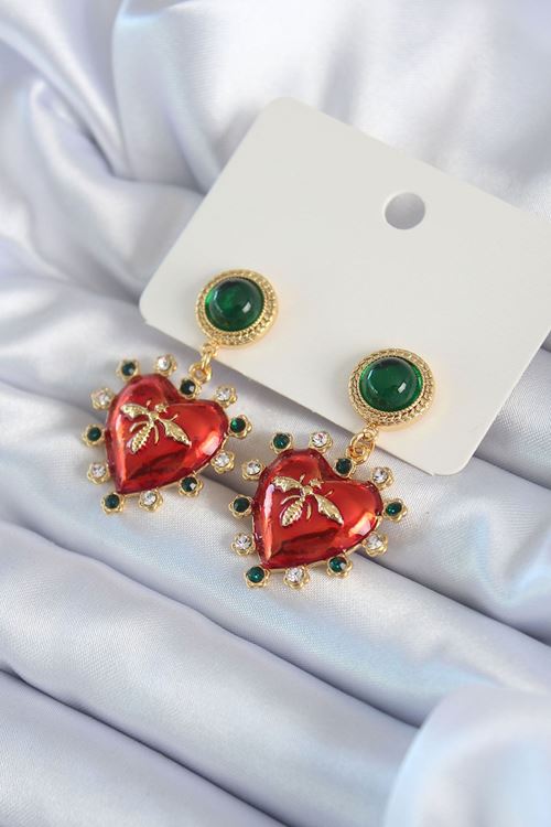 YRTCL Gold Renk Kırmızı Kalp Model Zirkon Taş Detay Pirinç VİP Kadın Küpe