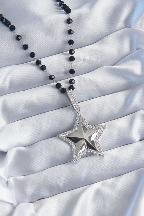 YRTCL Gümüş Renk Siyah Boncuk Zirkon Taşlı Pirinç Yıldız Model VİP Seri Kadın Kolye