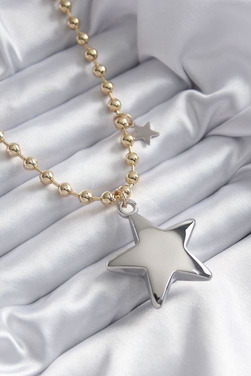 YRTCL Pirinç Gold Renk Topçuk Zincir Gümüş 3D Yıldız Model Yıldız Detay VİP Kadın Kolye