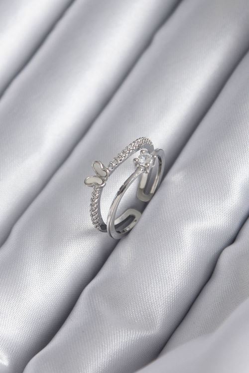 YRTCL Pirinç Gümüş Renk Zirkon Taşlı Kelebek Model Kadın Yüzük