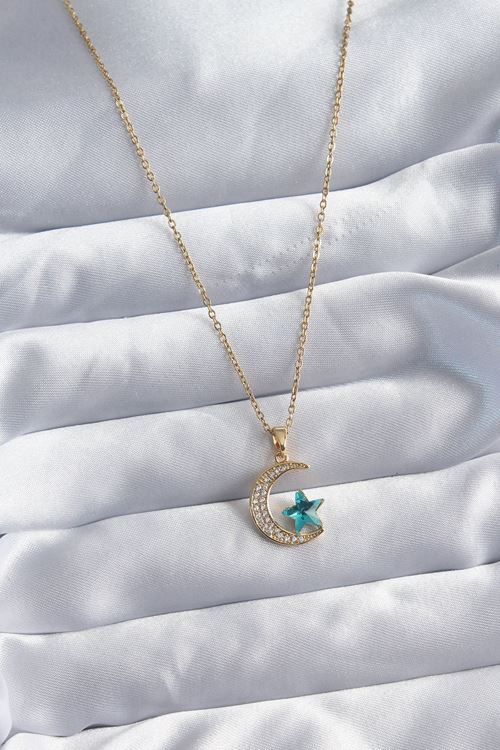 YRTCL 316L Çelik Gold Renk Zincir Zirkon Taş Detay Hilal Yıldızı Figür Kadın Kolye