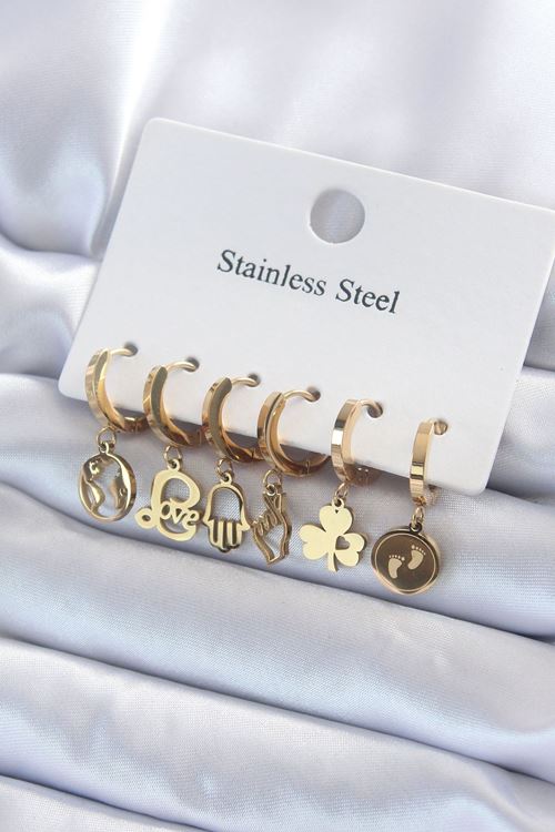 YRTCL 316L Çelik Gold Renk Çoklu Figür Model Kadın Küpe Seti