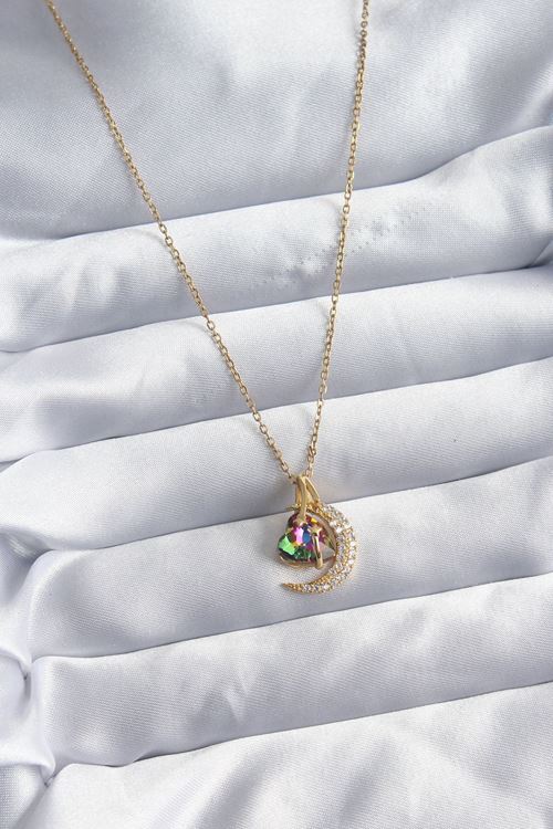 YRTCL 316L Çelik Zincir Gold Renk Zirkon Taşlı Hilal Kristal Kalp Model Kadın Kolye