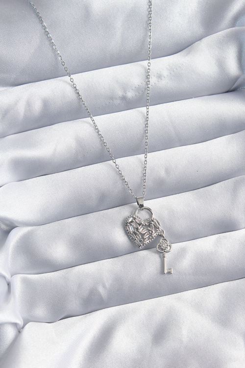 YRTCL 316L Çelik Zincir Gümüş Renk Zirkon Taşlı Kalp & Anahtar Model Kadın Kolye