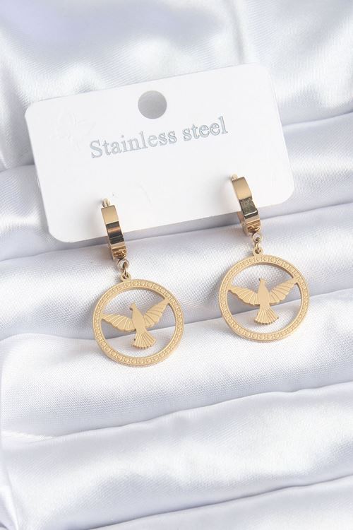 YRTCL 316L Çelik Gold Renk Kuş Model İşleme Detay Kadın Küpe
