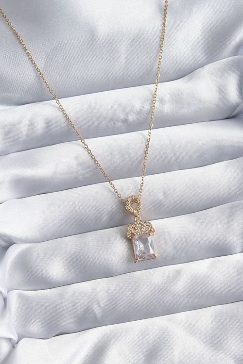 YRTCL 316L Çelik Zincir Gold Renk Zirkon Taşlı Taç Model Kadın Kolye