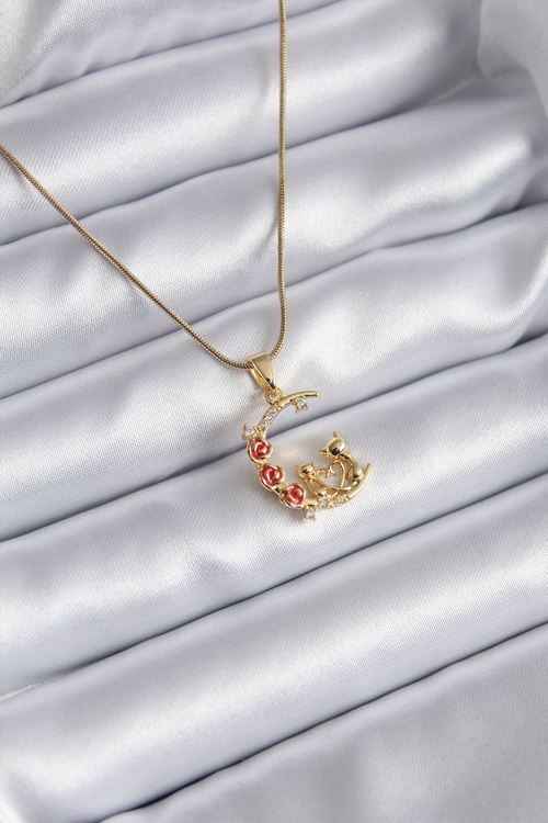 YRTCL 316L Çelik Gold Renk Hilal Kedi Model Zirkon Taşlı Detay Kadın Kolye