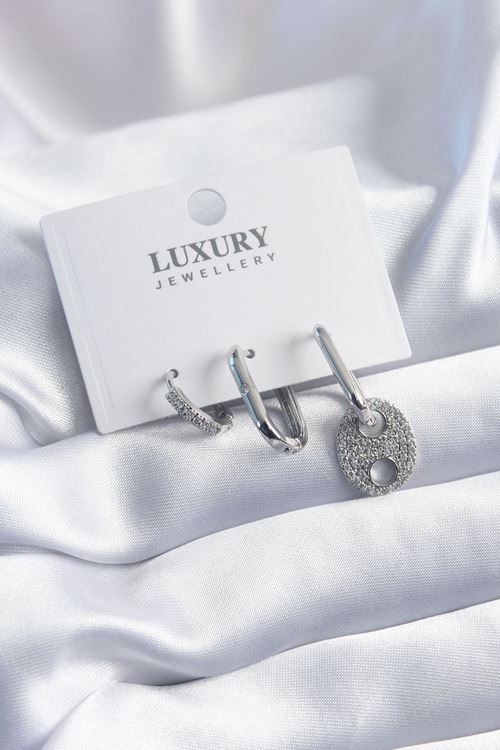 YRTCL Pirinç Gümüş Renk Zirkon Taşlı 3'lü Kadın Küpe Seti