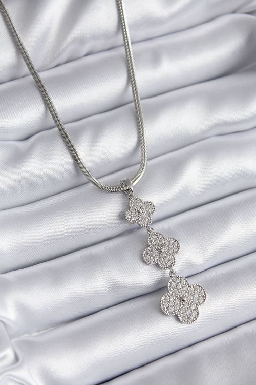 YRTCL 316L Çelik Gümüş Renk İtalyan Zincir Zirkon Taşı Yonca Model Kadın Kolye