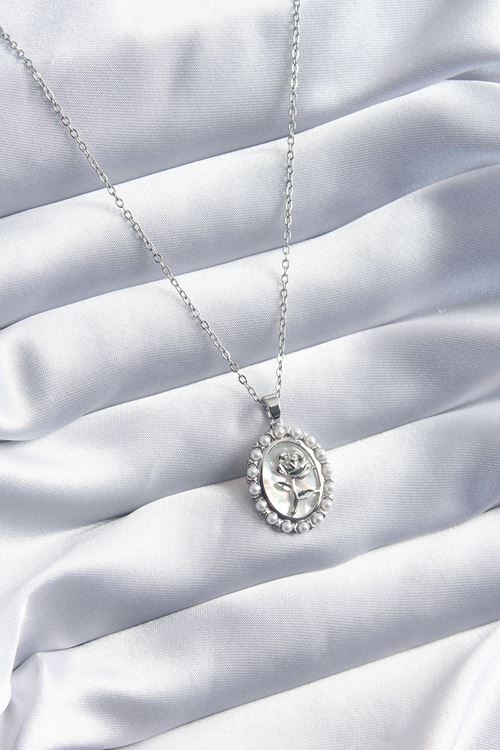 YRTCL 316L Çelik Gümüş Renk Gül Model İnci Detay Kadın Kolye