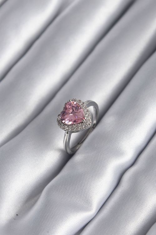 YRTCL Pirinç Gümüş Renk Pembe Zirkon Taş Kalp Charm Model Kadın Yüzük