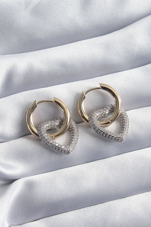 YRTCL Pirinç Gold Renk Halka Gümüş Zirkon Taşlı Kalp Model VİP Seri Kadın Küpe