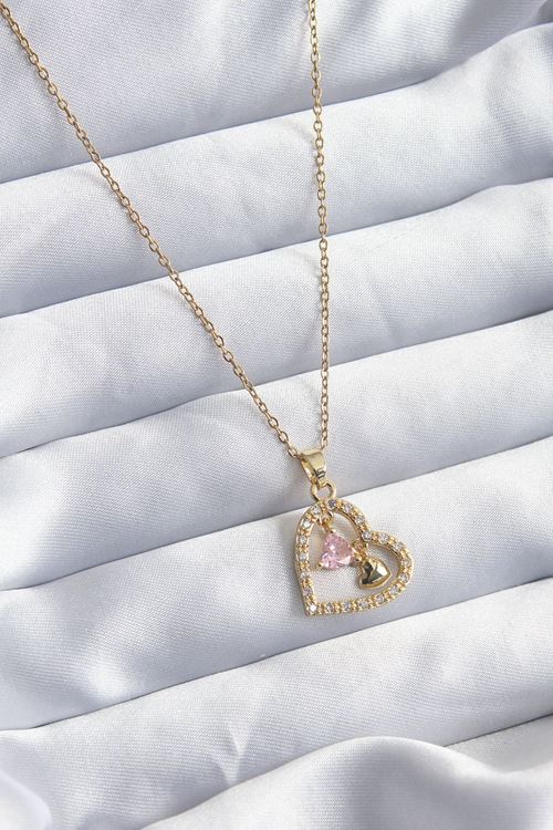 YRTCL 316L Çelik Gold Renk Zincir Zirkon Taşlı Kalp Model Kadın Kolye