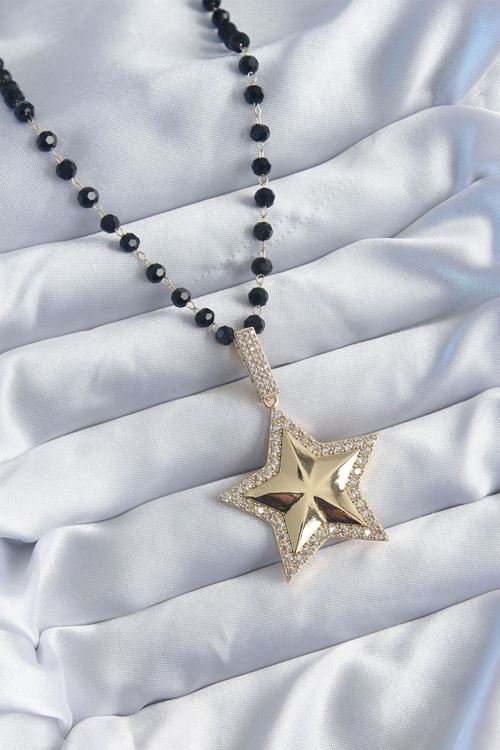 YRTCL Gold Renk Siyah Boncuk Zirkon Taşlı Yıldız Model VİP Seri Kadın Kolye