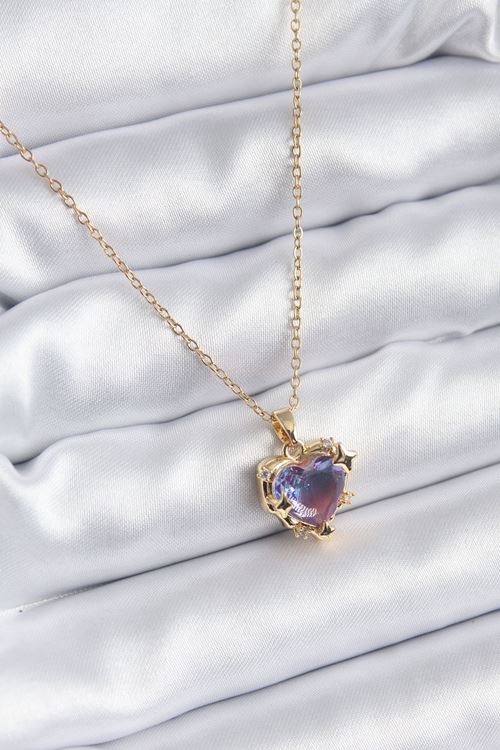 YRTCL 316L Çelik Zincir Gold Renk Mor Renk Zirkon Taşlı Kalp Model Kadın Kolye