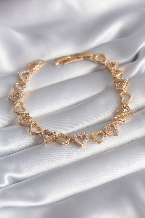 YRTCL Pirinç Gold Renk Zirkon Taşlı Kalp Model VIP Seri Kadın Bileklik