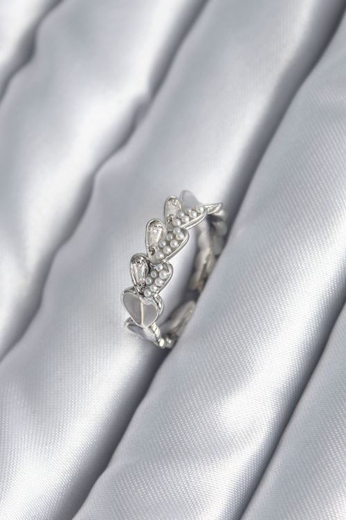 YRTCL Pirinç Gümüş Renk Kalp Model İnci Detay Kadın Yüzük