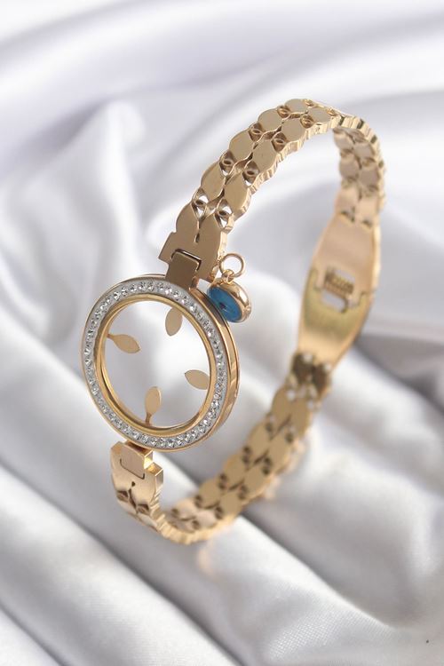 YRTCL 316L Çelik Gold Renk Arpa Model Zirkon Taş Detay Çeyrek Altın Takılabilir Kadın Kelepçe