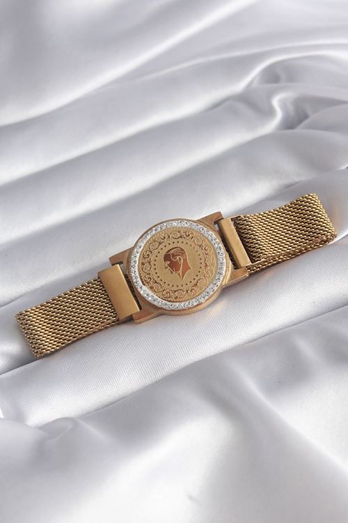 YRTCL 316L Çelik Gold Renk Mıknatıslı Hasır Zirkon Taşlı Çeyrek Altın Model Kadın Bileklik