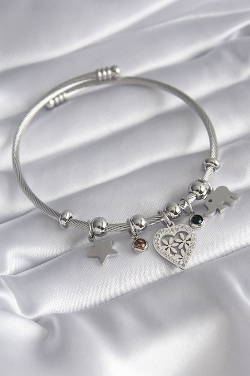 YRTCL 316L Çelik Gümüş Renk Zirkon Taşlı Kalp Figür Fil Detay Charm Model Kadın Bileklik