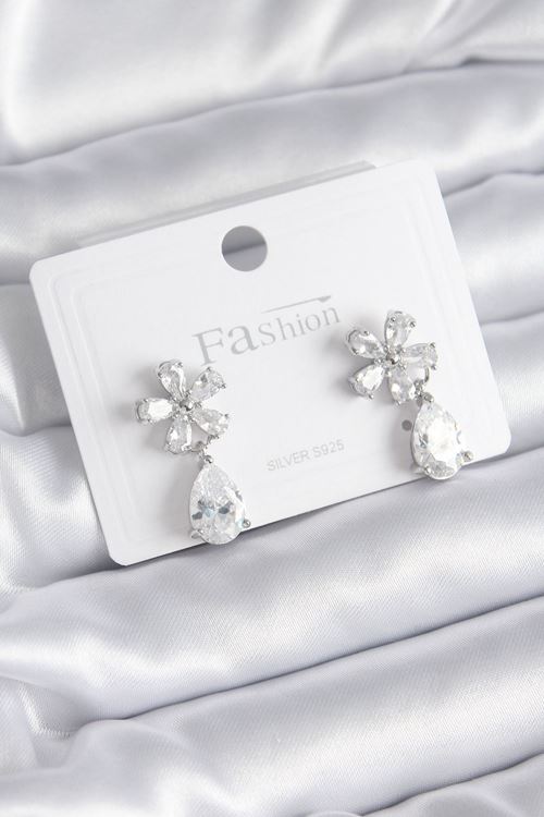 YRTCL Pirinç Gümüş Renk Zirkon Taşlı Çiçek Model Damla Model Kadın Küpe